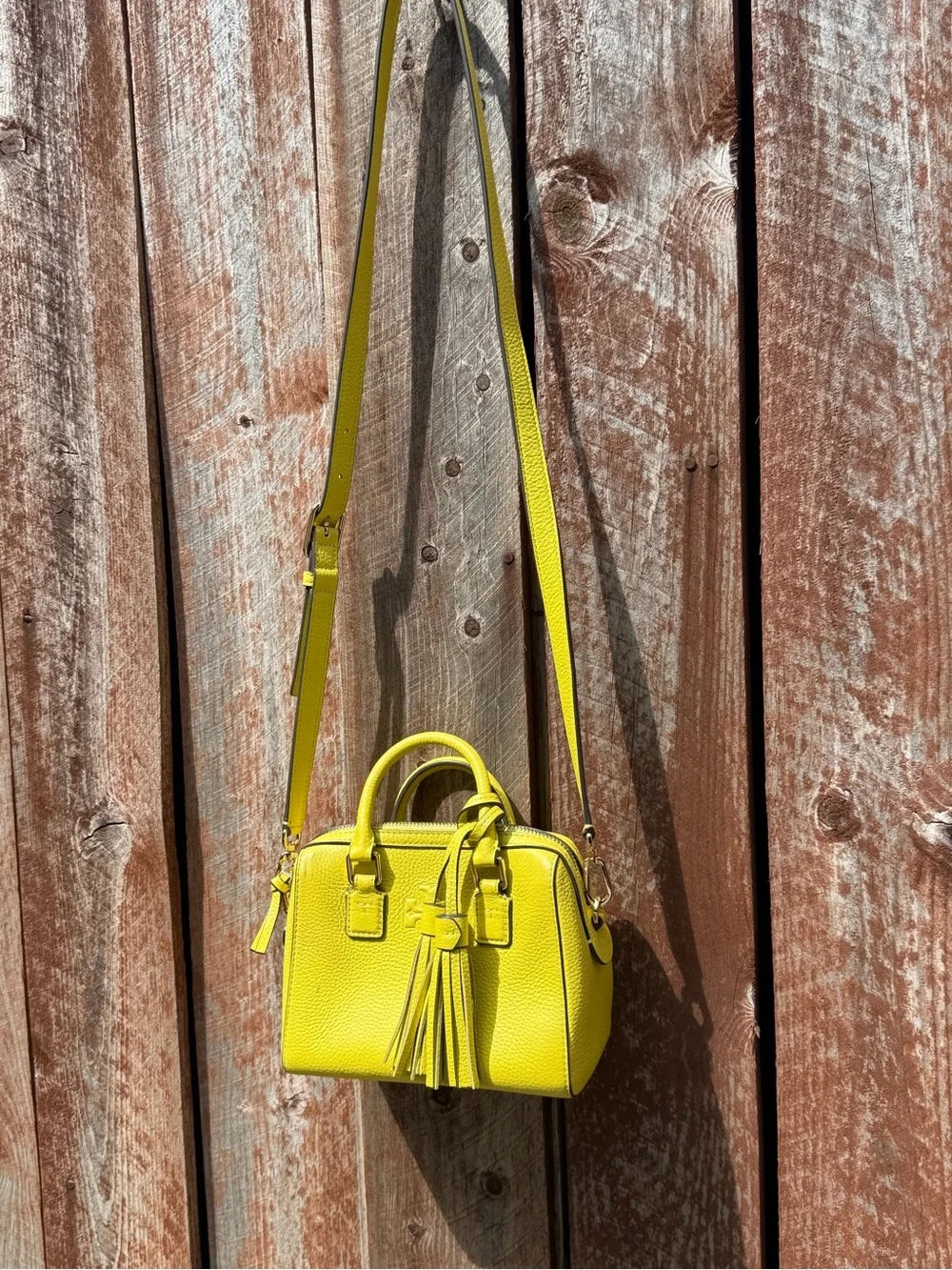 Tory Burch Thea Web Mini Lemon Yellow Pebbled Leather Satchel with Tasse